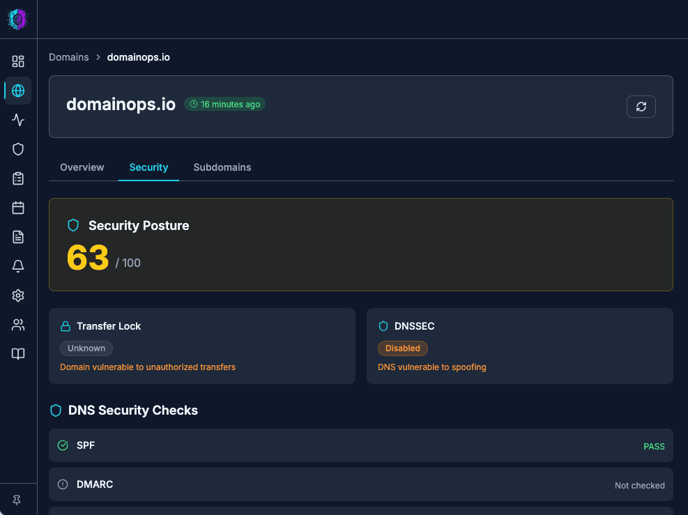 DomainOps domain Security tab showing WHOIS/EPP status codes grouped by category