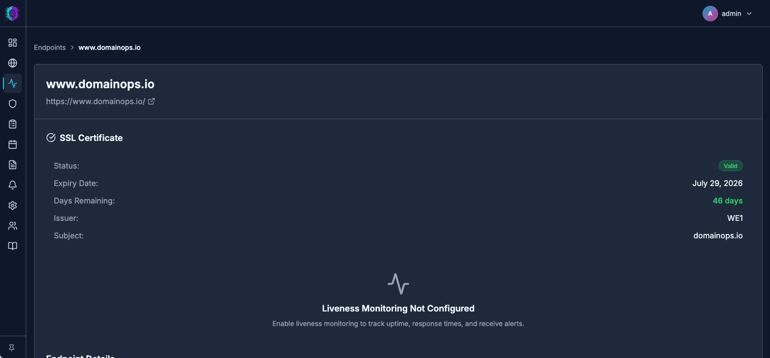 DomainOps SSL certificate detail panel showing the certificate validity window (issued and expiry dates) and issuer