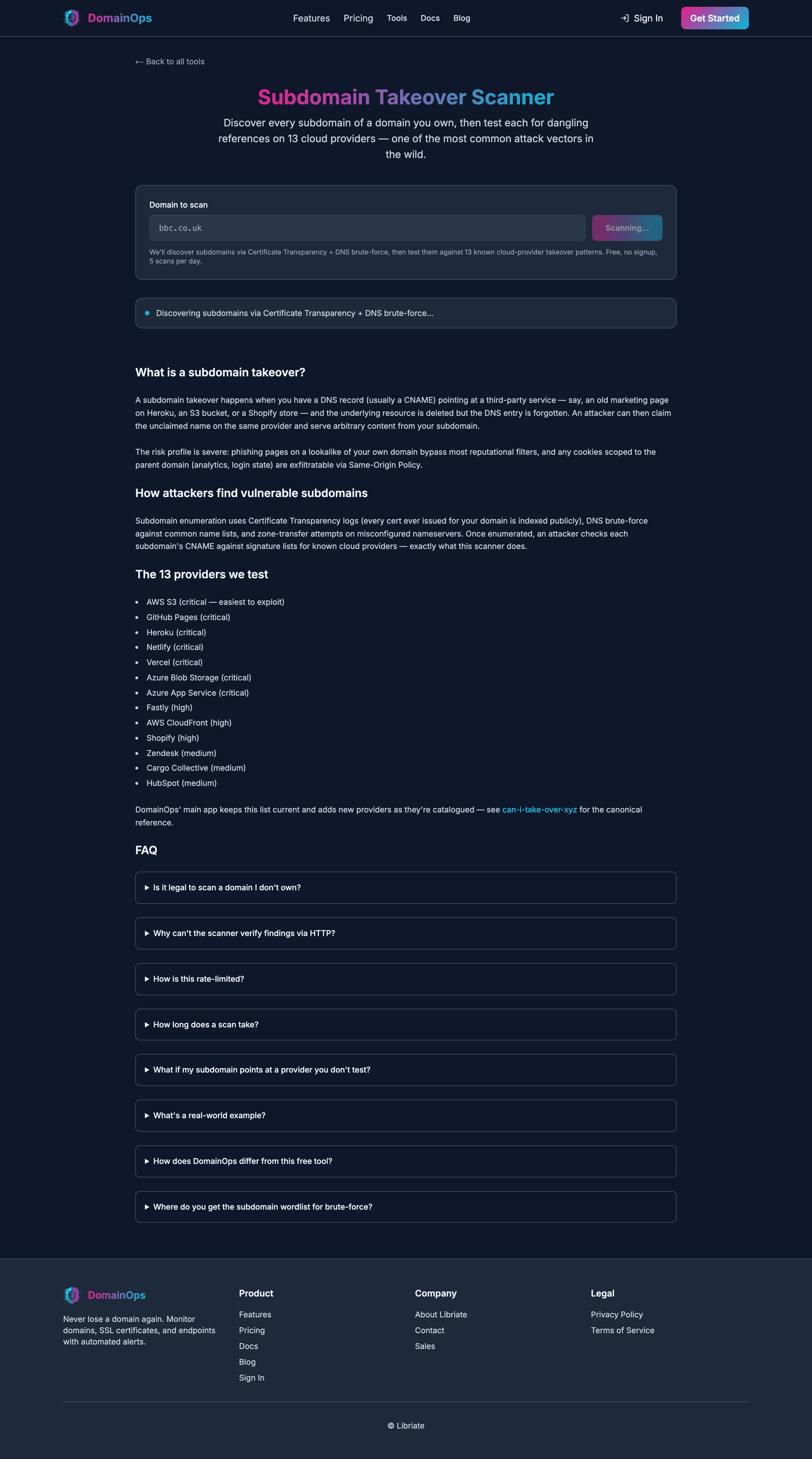 DomainOps subdomain takeover scanner results showing discovered subdomains, their CNAME targets and any takeover-risk findings